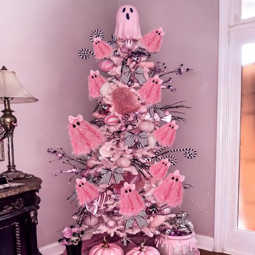 Pink Halloween Ghost Stem Picks - 12 Inch Glitter Ghost Decorations - Set of 12