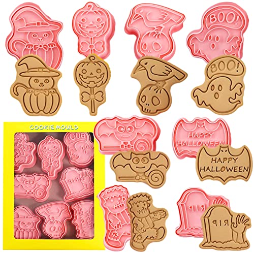 Halloween Cookie Cutter Set with Stamp - 8 Plastic Baking Tools for Cookies & Pastries