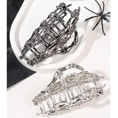 Halloween Hair Clips Skeleton Hand Claw Clips for Thick Hair Black Silver Set
