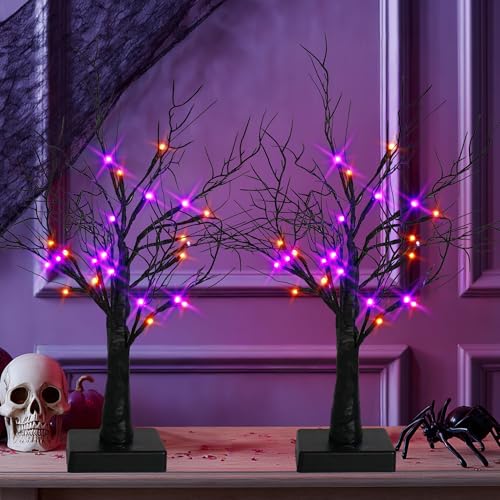 Dazzle Bright 2 Pack 20-Inch Lighted Halloween Birch Tree Decor with Spiders & Timer