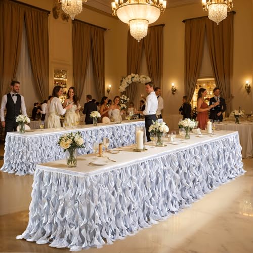 Silver 21ft Sequin Table Skirt for Rectangular Tables - Glitter Fringe Tutu Party Decor