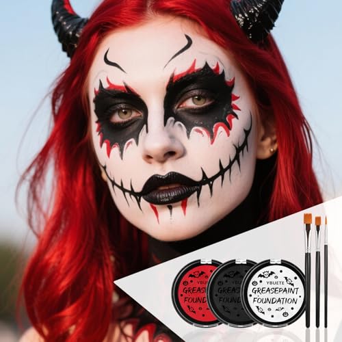 Oil-Based Face Paint Kit for Halloween & Cosplay - Red Black White, SFX Makeup Set with Brushes