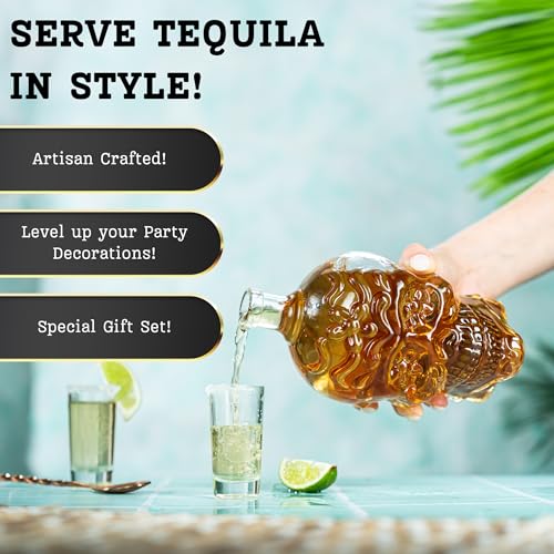 Skull Tequila Decanter Set with 6 Shot Glasses - Handmade Glass Barware Gift