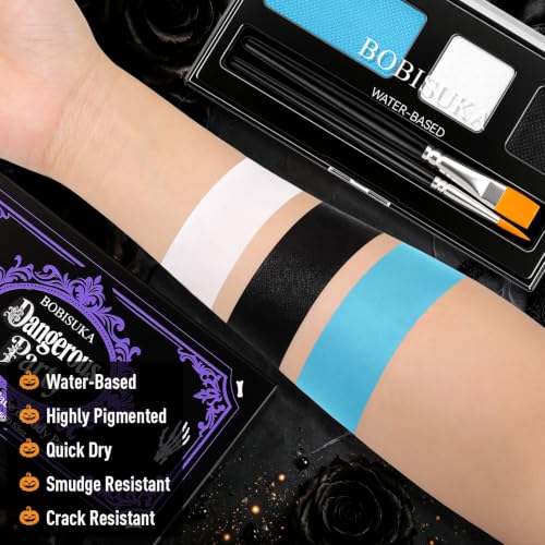 Water-Activated Sally Face Paint Set - 3 Colors Black White Light Blue - Includes Dual Brushes, Halloween & Cosplay Makeup