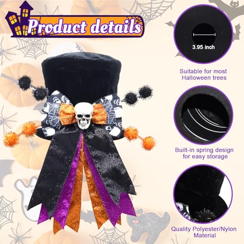 Halloween Tree Topper Hat with Wired Bow and Skull - Black Velvet Decor