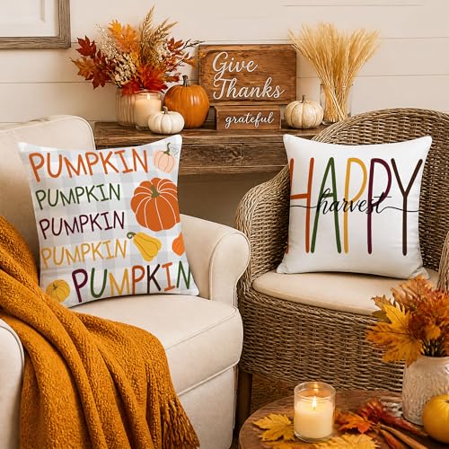 Thanksgiving Pumpkin Pillow Covers 18x18 Inches Set of 4 - Fall Harvest Decor