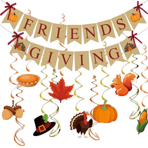 Fall Pumpkin Banner Party Supplies Set for Thanksgiving & Autumn Decor - Friends Giving Flags & Hanging Swirl Garlands