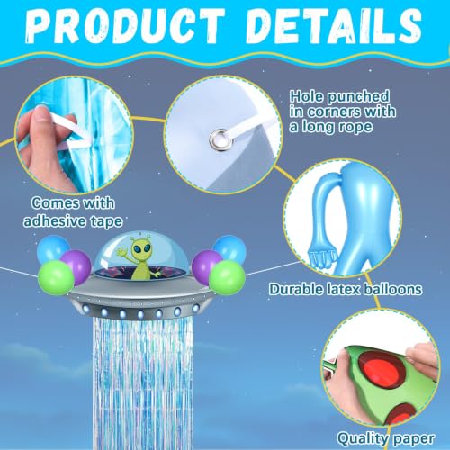Blue Alien UFO Birthday Decorations Kit with Backdrop and Balloons - Alien Party Supplies