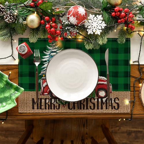 Green and Black Buffalo Plaid Truck Christmas Placemats Set of 4 - 12x18 Inch Rectangular