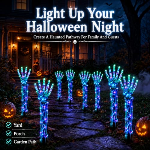White Halloween Solar Skeleton Stakes with Glowing Skull Hands - Outdoor Pathway Decor