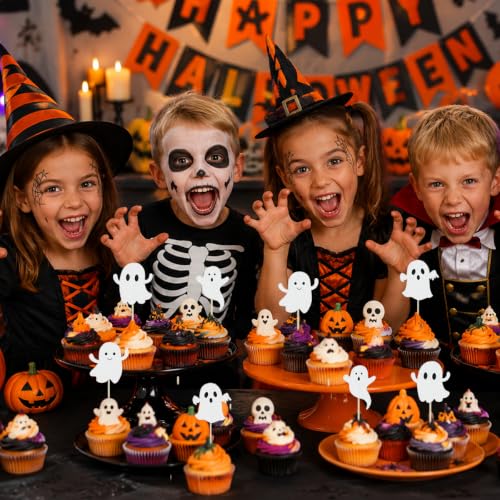 White Ghost Halloween Cupcake Toppers - 24 Pcs Glitter Cake Picks for Party