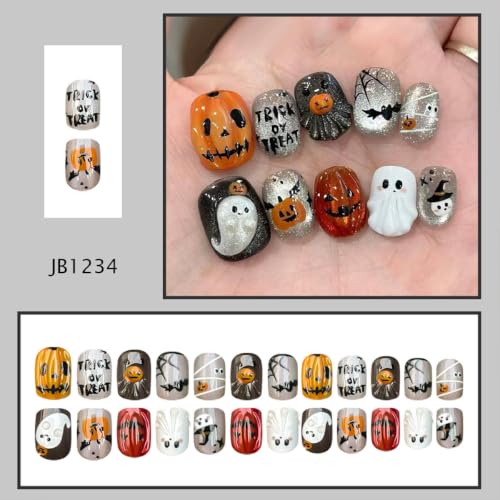 Halloween Press On Nails Short Oval Fake Nails with Spider Web Pumpkin Bat Ghost Design - Variation Halloween-13 - 24 pcs