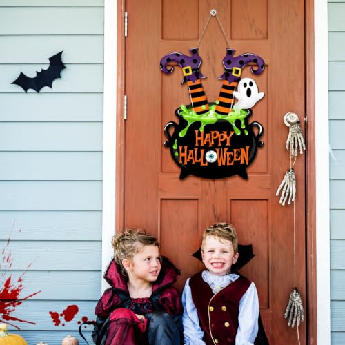Halloween Witch Door Sign with Legs and Cauldron - Festive Wall Hanging Decor