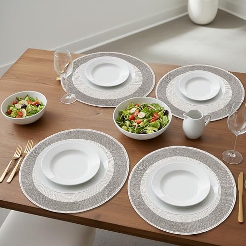 Alpha Living Home Silver White Beaded Round Placemats Set of 4 - 13 Inch Table Decor