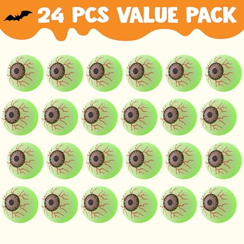 Glow in the Dark Halloween Bouncy Eyeballs - 24 Pack for Party Favors & Decorations