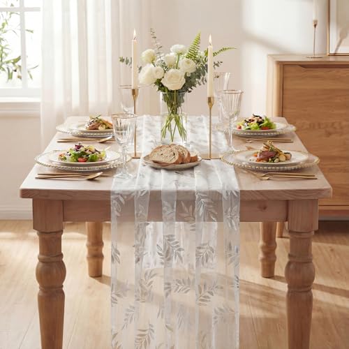 Silver Leaves White Gauze Table Runner 28x120 Inch Holiday Wedding Decor - Variation of 28" x 120" / White Silver