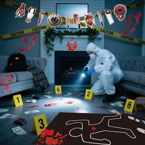 Red Murder Mystery Party Decorations Kit - Crime Scene & Body Silhouette