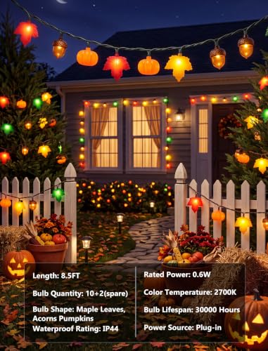 8.5FT Fall Pumpkin Maple Leaf Acorn String Lights - Outdoor Decor, Plug-in, 10 LED