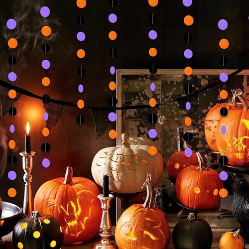 26Ft Halloween Party Decorations Garland Streamers - Black, Orange, Purple Circular Dots