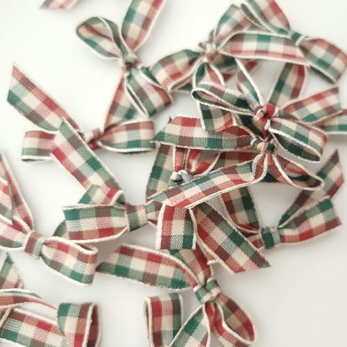 Mini Gingham Ribbon Bows for Gift Wrapping & Holiday Decor - 50PCS 1.5" Green & Red, Variation 078 / HotCutting