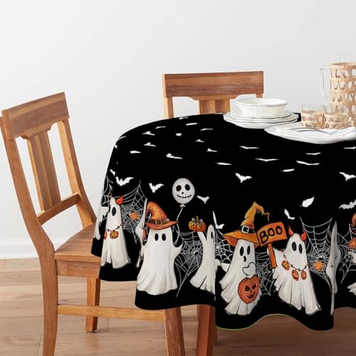 Horaldaily Halloween Round Tablecloth 60x60 Black Bat Ghost Spider - Black