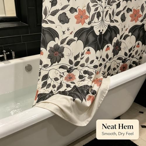 Halloween Bat Shower Curtain Set - Gothic Boho Floral Victorian Bathroom Decor - Black Red, 72x72 Inches