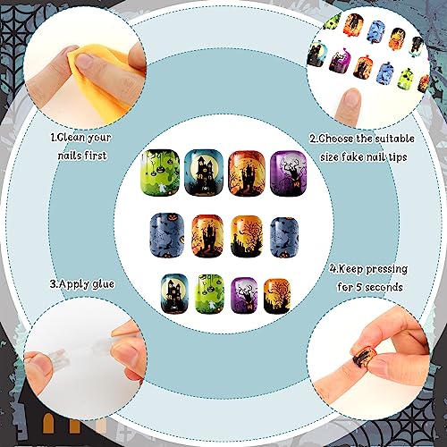 Halloween Short Fake Nails - 16 Pack Stylish Pattern Ghost Pumpkin Spider - Manicure Tips
