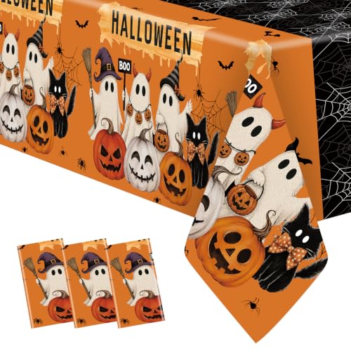 Halloween Ghost Plastic Tablecloth Set - Trick or Treat Ghost Pumpkin Black Cat Orange Black Variation