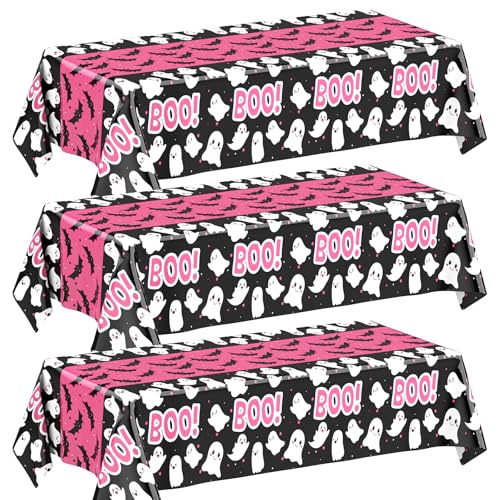 Pink Halloween Tablecloth Set - Ghost & Bat Party Decorations, Waterproof Plastic, 3 Pack
