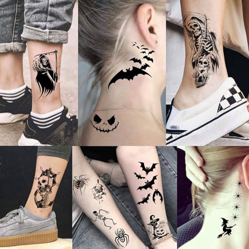 Halloween Temporary Tattoos Skull Design for Kids & Adults - 52 Sheets, Waterproof, 3D Face & Body Stickers, Spooky Face Skull Variation