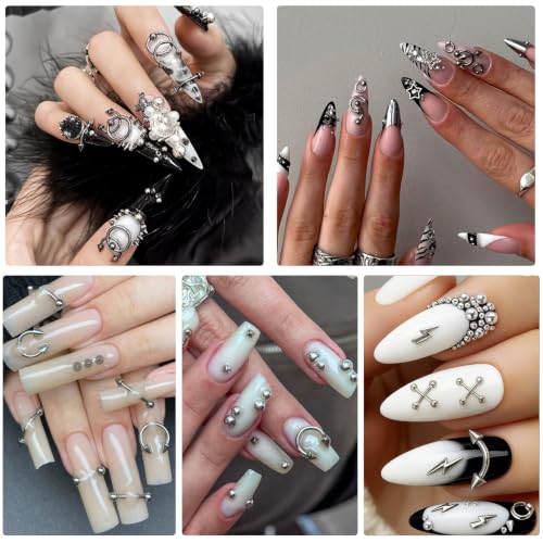 Punk Series Goth Nail Charms Set - Silver & Black Metal Nail Studs, 300+ Pieces