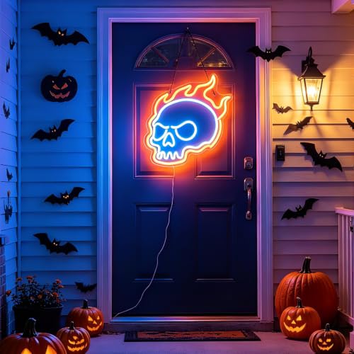 Halloween Neon Sign - Burning Skull with Flame Style B - USB Powered, Dimmable, Easy Mounting