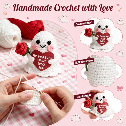 Crochet Ghost Halloween Decor with Rose - Handmade Indoor Holiday Accent