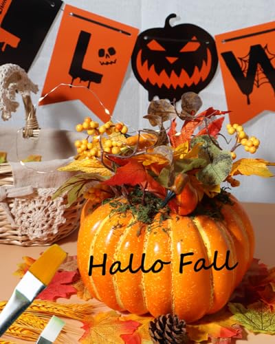 Artificial Pumpkin Centerpiece with Lights for Fall Table Decor - 9.1 Inch