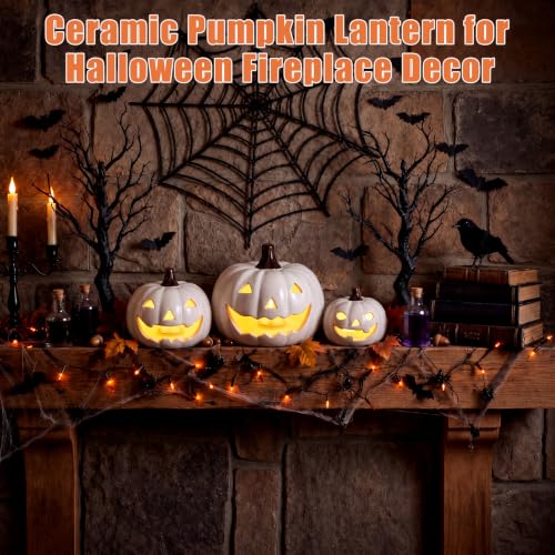 3-Piece Halloween Ceramic Jack O' Lantern Pumpkin Set - White, 3/5/6 Inches, LED Lights
