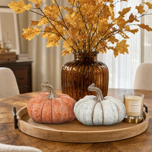 White Orange Fall Decor Set of 2 Artificial Resin Pumpkins - Autumn Home Accent