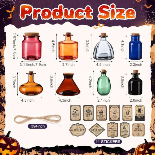 Retro Halloween Potion Bottles Set of 8 Glass Decor with Cork & Labels