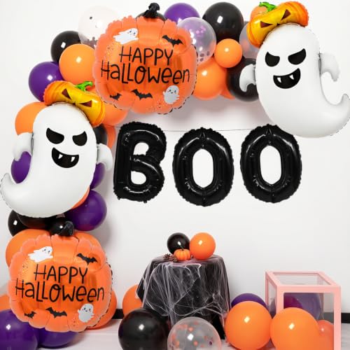 7Pcs Halloween Foil Balloon Set with Ghost Pumpkin Boo Decorations for Party