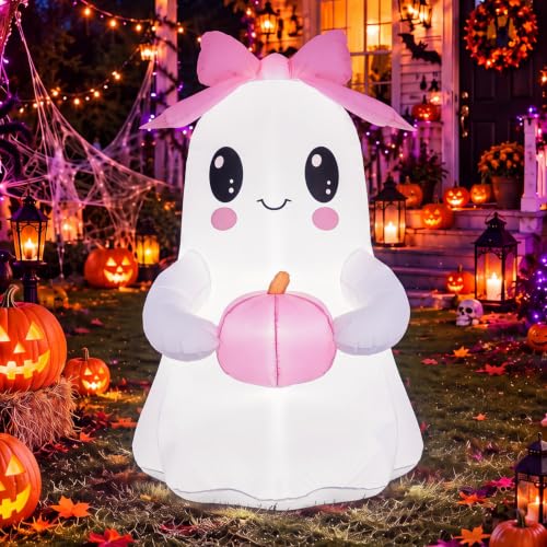 6 ft Pink Bow Inflatable Ghost Halloween Yard Decoration with LED Lights - Outdoor Friendly