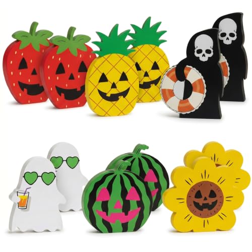 12PCS Wooden Halloween & Summerween Tabletop Decorations Set - Durable Eco-Friendly Holiday Decor