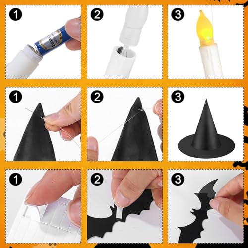 Halloween Hanging Witch Hats & Floating Taper Candles Set - Spooky Decor