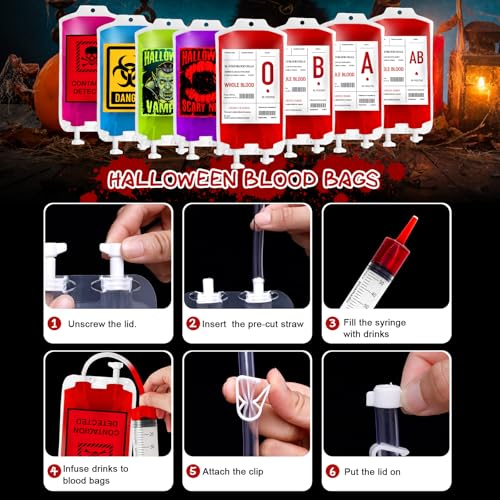 Halloween Blood Bag Props Set - Refillable Pouches with Straws & Filling Tools, Spooky Party Accessories