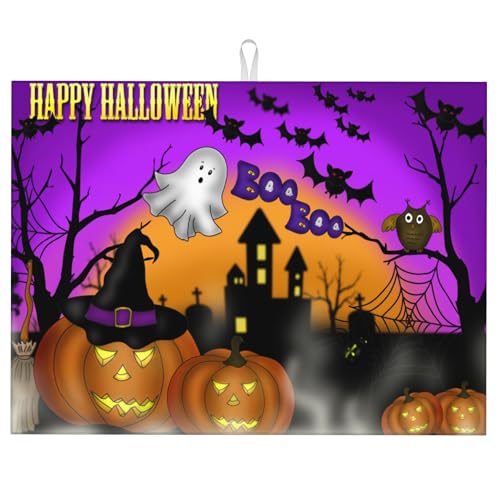 Halloween-3 Large Dish Drying Mat for Kitchen Counter, Scary Night Design, Super Absorbent Reversible Microfiber, 18x24 Inches