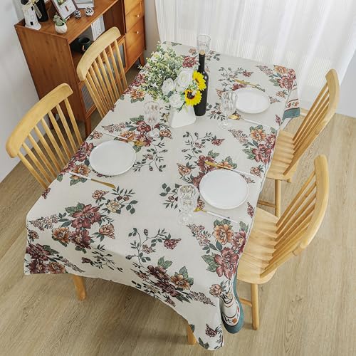 Dimatic Cotton Linen Rectangular Tablecloth with Botanical Elements - Red 55 x 94 Inches (Flower Variation)