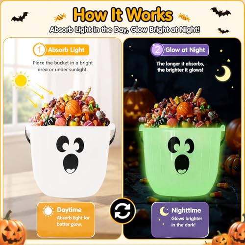 Glow in the Dark Halloween Candy Bucket with Handle, Ghost Face Pumpkin Basket, 7.8 Inches