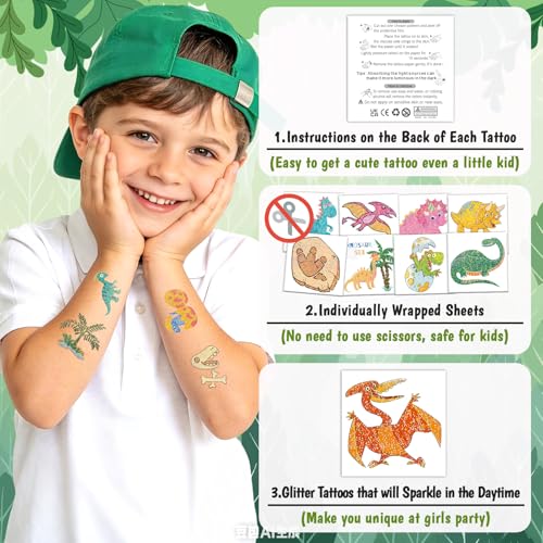 Partywind Dinosaur Glitter Temporary Tattoos for Kids - 50 Sheets, Dinosaur Variation