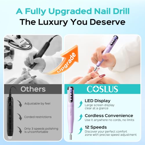 COSLUS C50 Portable Cordless Nail Drill with 12 Speeds & LED Display - Purple