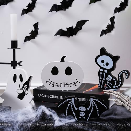 Halloween Wooden Tiered Tray Decorations Set - Ghost Bat Pumpkin Cat Blocks