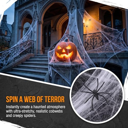 Halloween Spider Web Decor with 100 Fake Spiders - Stretchable & Reusable