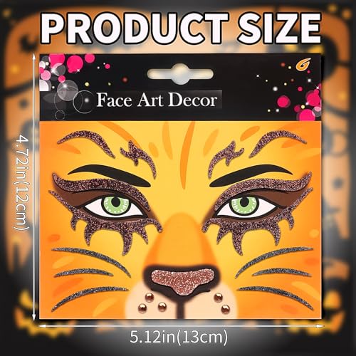 Animal Face Glitter Tattoos - Lion Variation, 2 Sheets Halloween Costume Accessories